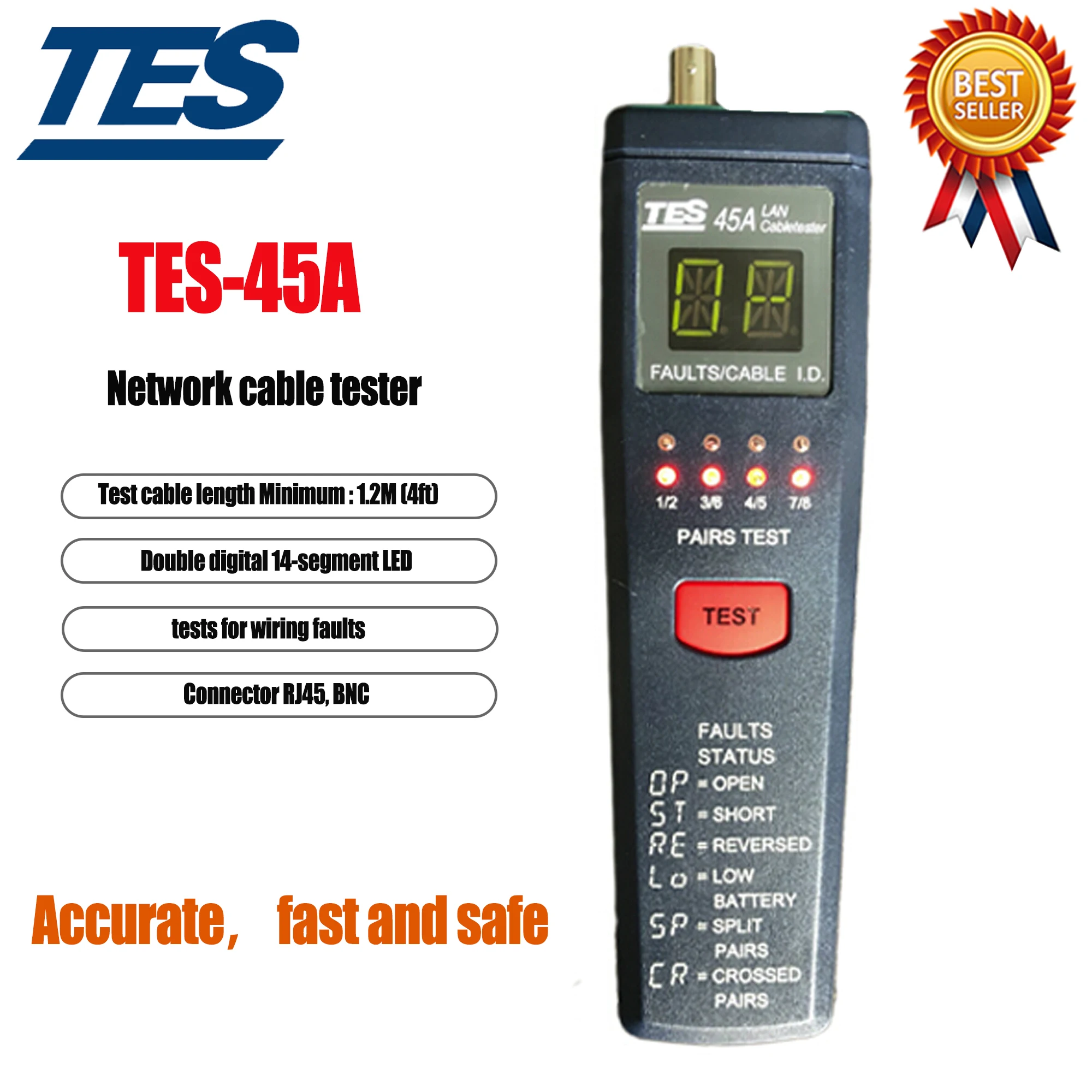 TES-45A CAT-5 LanCable Tester Over Voltage(Max 56V)is Provided to Prevent Damage from Miss Connecting to Live Circuit of Network