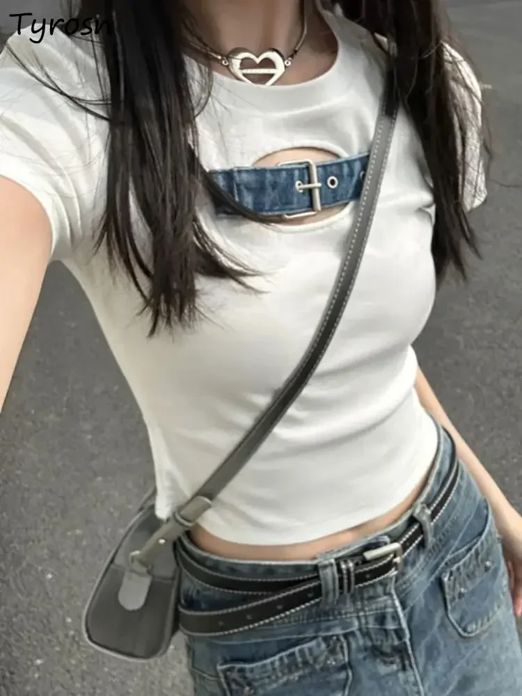 

Футболки женские дизайнерские с вырезами простые универсальные для отдыха тонкие повседневные модные летние топы сексуальные корейский стиль нежный темперамент