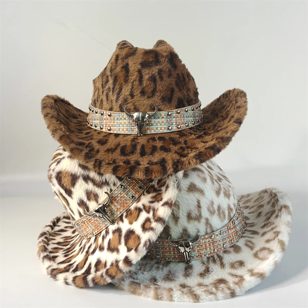 Leopard Print Rabbit Fur Western Cowboy Fedora Hat Men's Women's Panama Fashion Travel Party Hat ковбойская шляпа