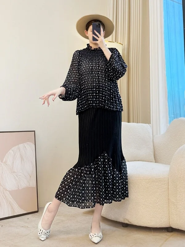 

Spring New Ele Polka Dot Print Pleated Fi Tail Skirt And Top Two Piece Set Faionable Outfit Large Size Clothing Set