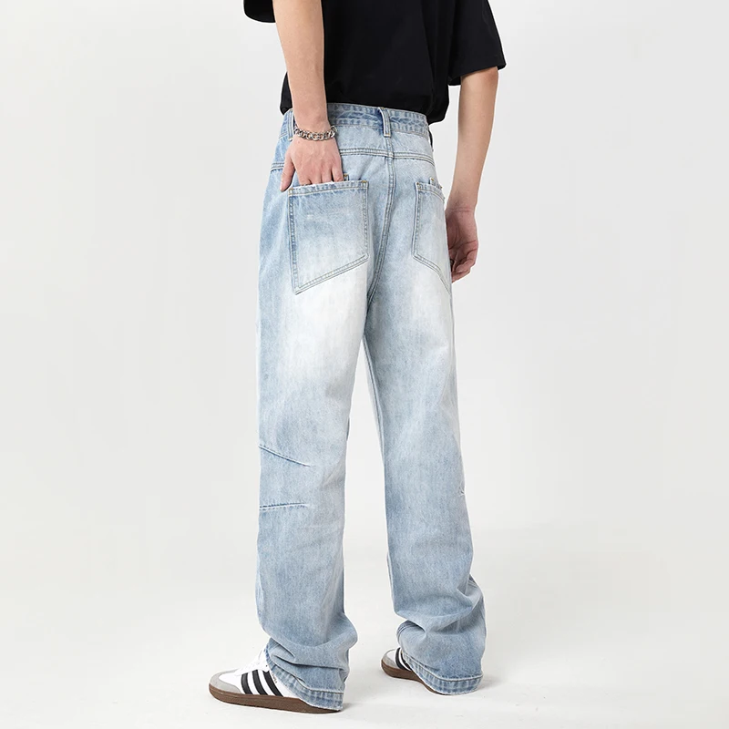 Tall Loose Jeans Men's Extended Fashion Retro Patchwork Street Fashion Korean Style Straight-Leg Wide-Leg Pants