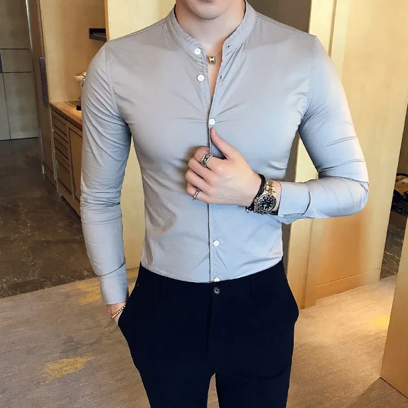 Men Slim Fit Shirt 2024 Autumn Cotton Solid Stand Collar Casual Business Long-sleeved Shirts Male Fashion Camisas Men Clothing