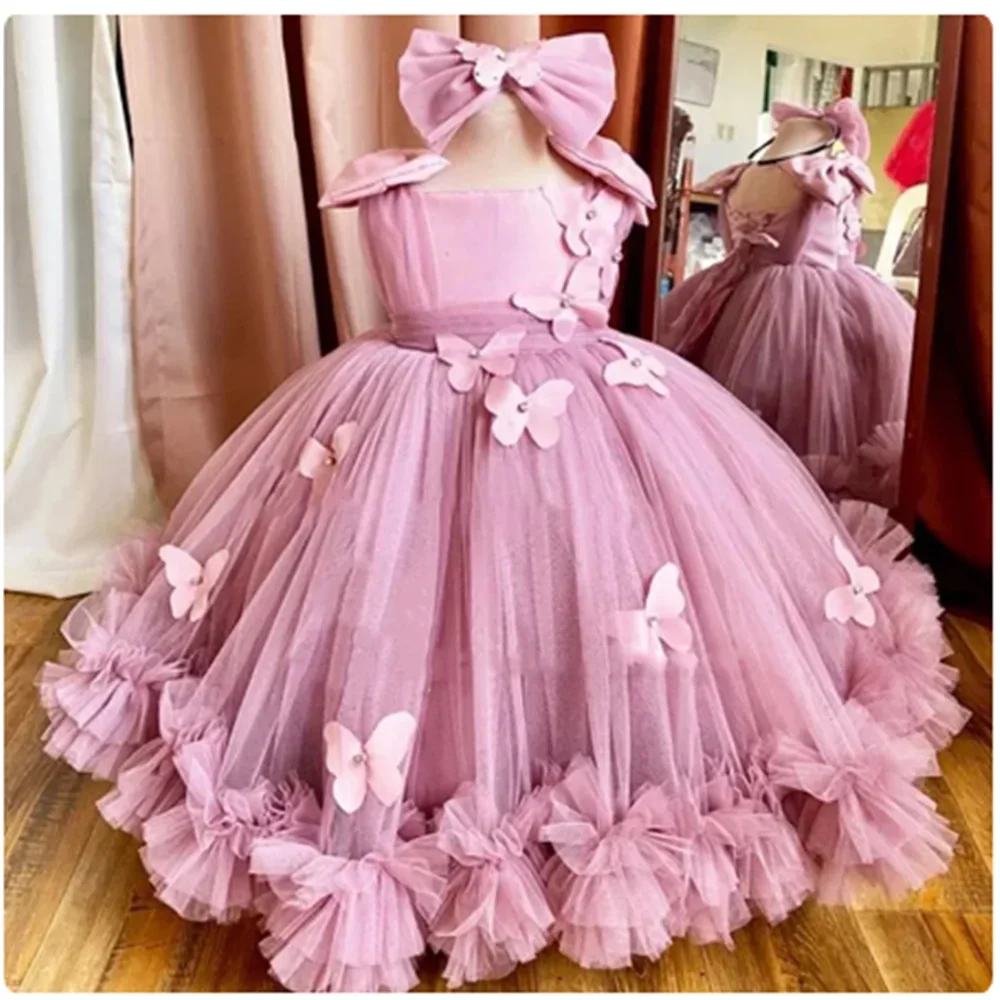 Cute Flower Puffy Tulle Dress for Girls, 3D Butterflies, Princess, Birthday Party, Ball Gowns, First Communion, Wedding