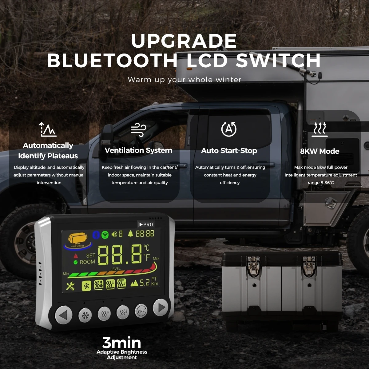8-kW-Diesel-Hilfsheizung 110–220 V AC und 12/24 V DC mit Höhenmodus und Belüftungsmodus. Ultraleise tragbare Heizung