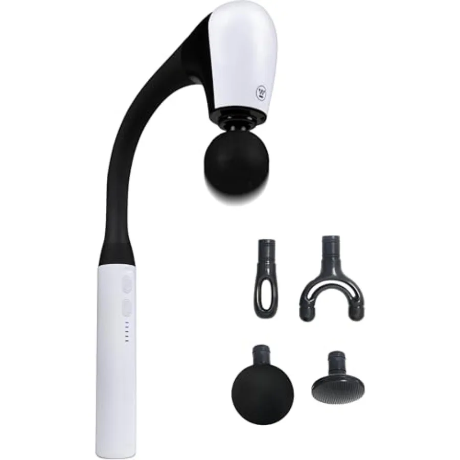 

Long Handle Curved Massage Gun for Neck and Shoulder Pain Rechargeable Up to 5 Hours of Battery 4 Head Attachments 5 Percussion