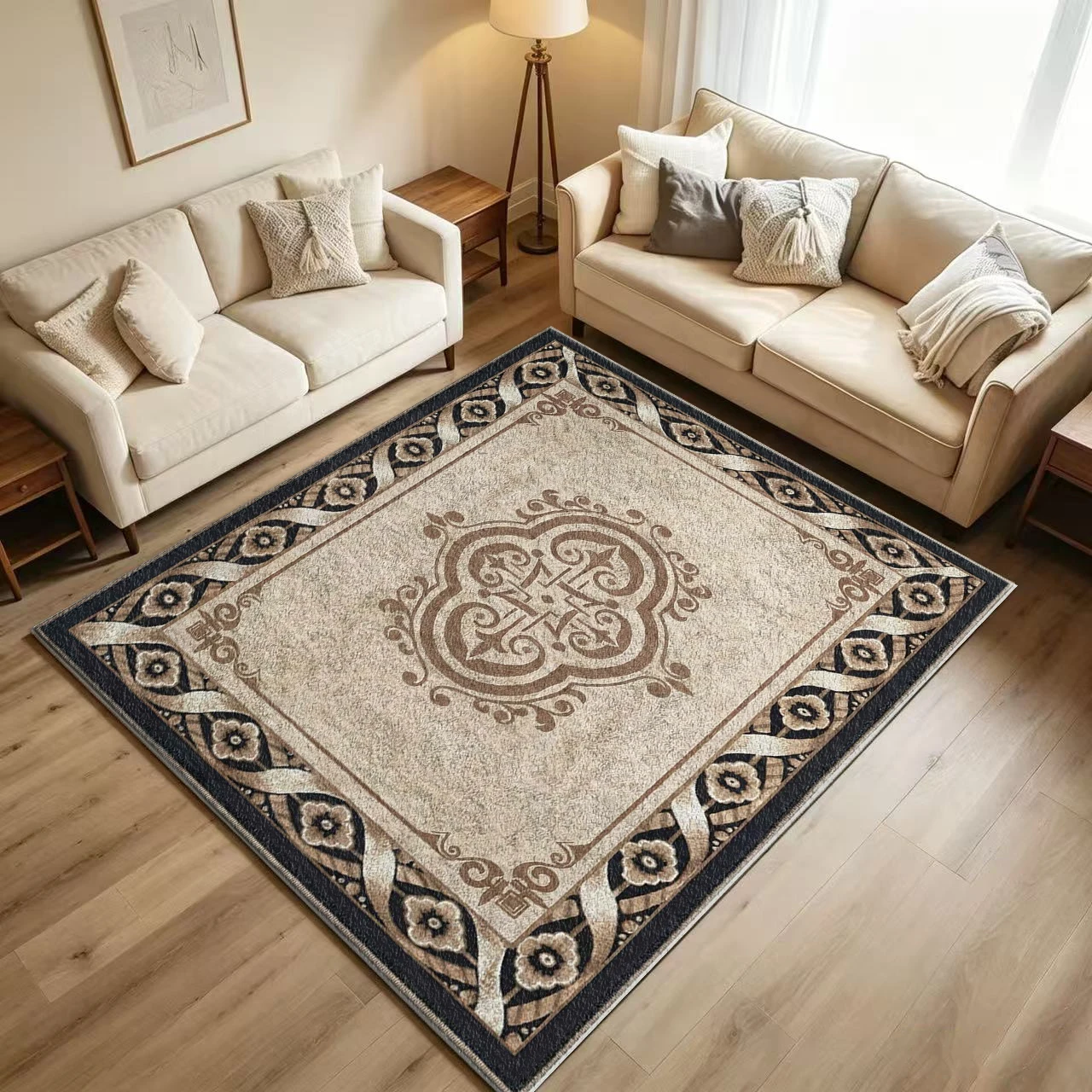 Beige Black European Vintage Area Rug Classic Ornate Living Room Carpet Home Decor Floor Mat