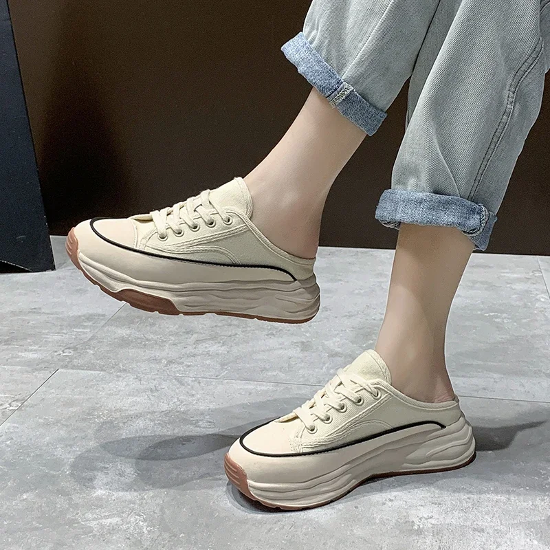 Ladies Slippers Wear Resistant Non-slip 2024 Spring Versatile Casual Comfortable Lace-Up Canvas Platform Woman\'s Slippers