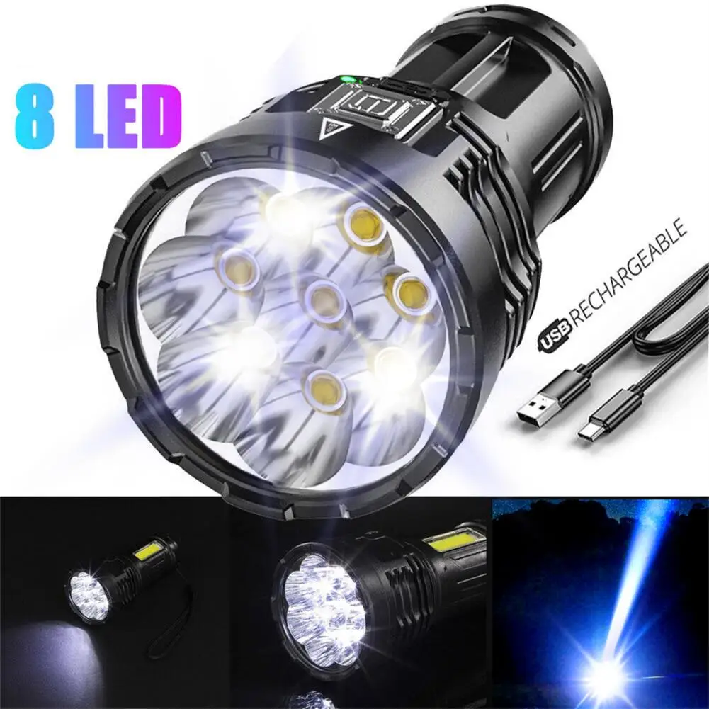 8led Flashlight 12000lm Super Bright Rechargeable Torch Tactical Lights Hand Lantern Outdoor Camping Nocturnal Emergency Tool