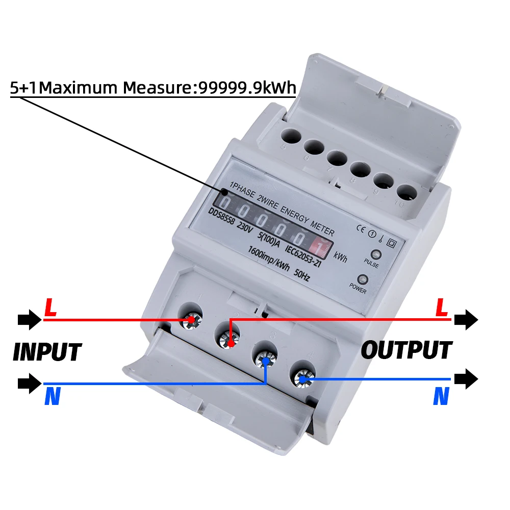 Compteur d'énergie domestique monophasé à deux fils, consommation d'énergie en watt, wattmètre, montage sur rail Din, kWh, 5(100)A, 230V, AC, 50Hz