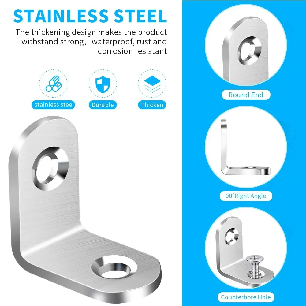 Stainless Steel L Brackets Right Angle Corner Brace with Screw for Shelf Wood Furniture Chair Drawer Cabinet Support