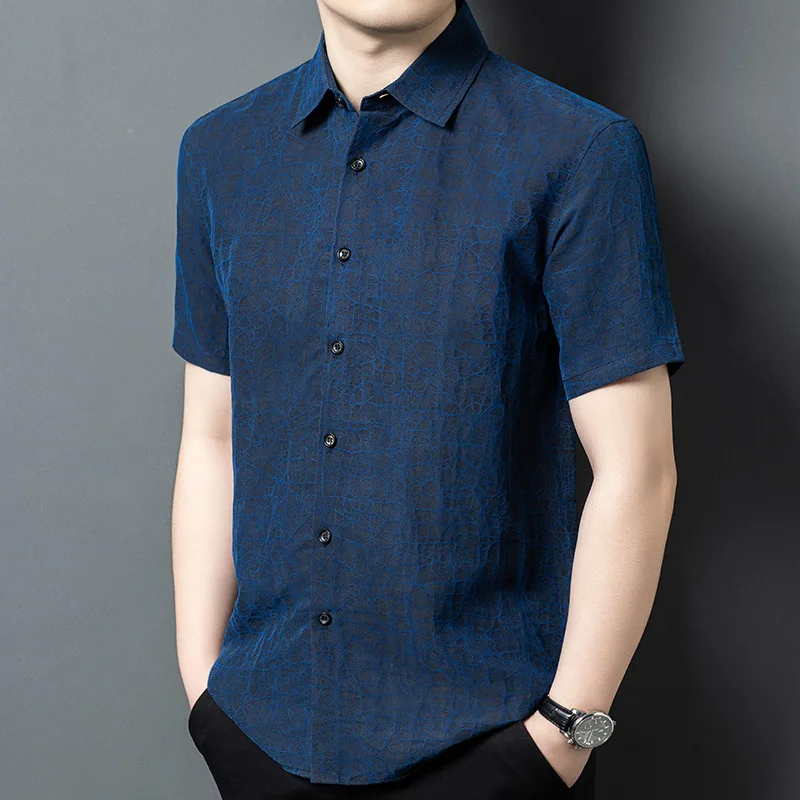 

High Quality Real Silk Men's Light Luxury Xiangyun Yarn Crack Shirt Youth Business Casual Thin Fashion