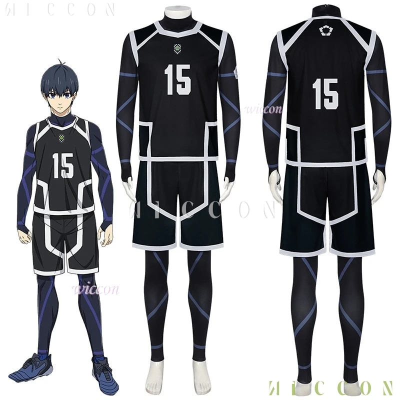 Disfraz de Chigiri Hyoma Nagi con cerradura azul S2, mono, 3 uds., conjunto de pantalones cortos, ropa deportiva, traje de fútbol, fiesta de fútbol, disfraz Unif