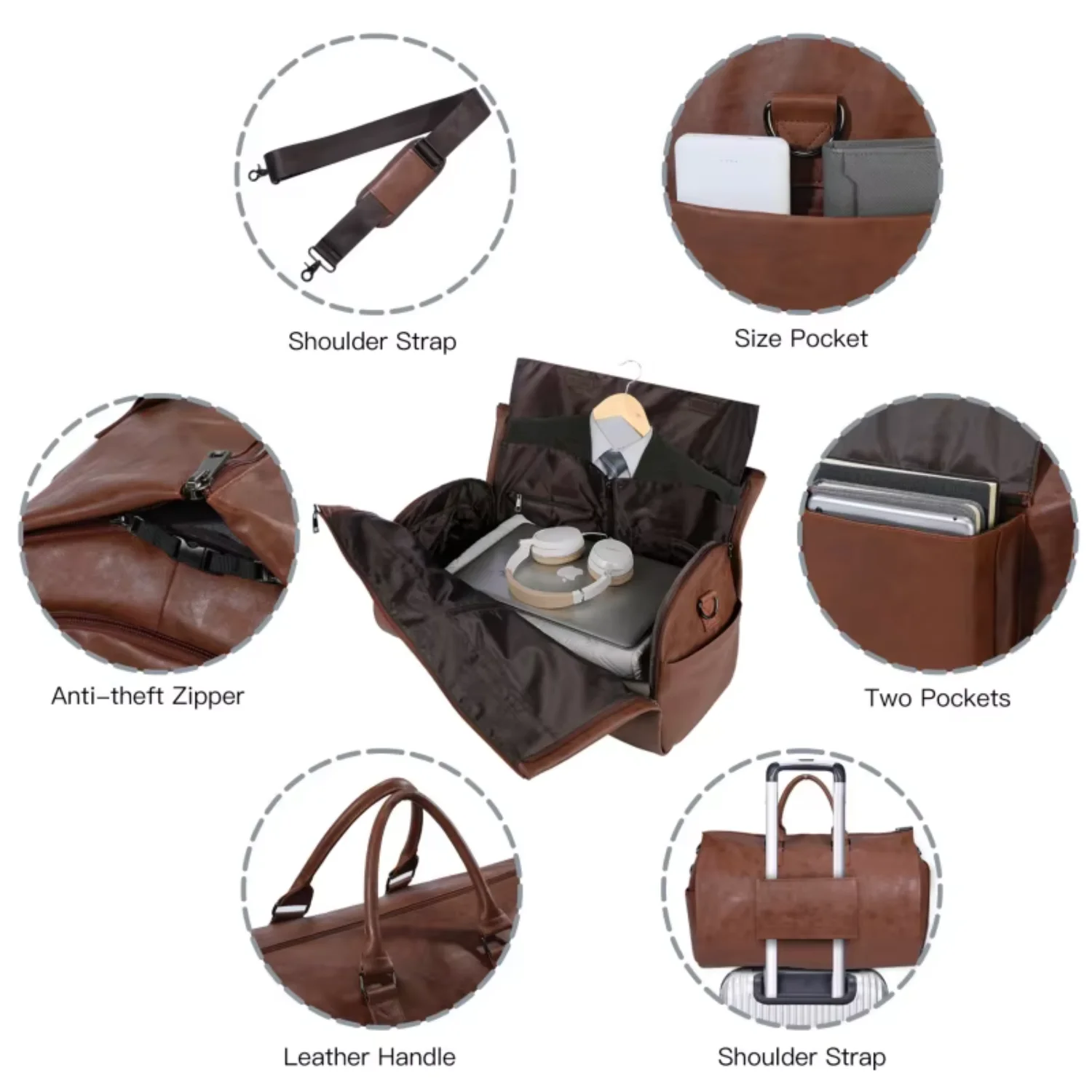 In  Hot Selling Carry On  Garment Suit Bags 3 In 1 PU Brown Men Convertible Garment  for Travel