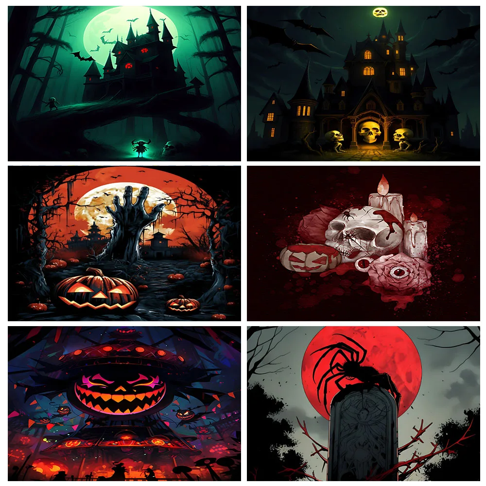 

Halloween Forest Backdrop Horror Party Decoration Supplies Jack-O-Lantern Full Moon Castle Ghosts Graveyard Spooky Background