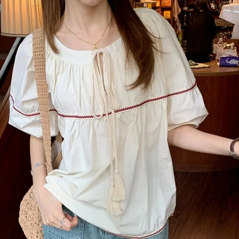 Women's Pullover Round Neck Drawstring Bottom 2023 Summer New Sweet Solid Short Lantern Sleep Patchwork Striped Loose Shirt Tops