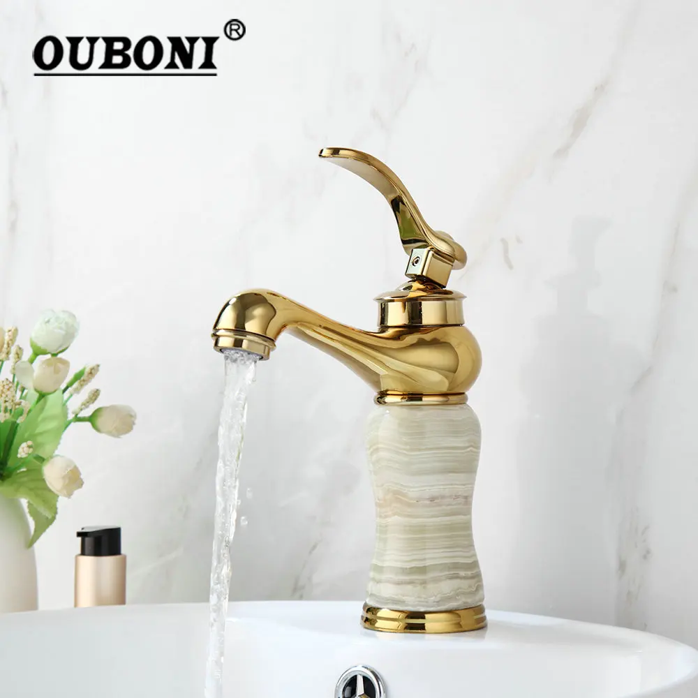 OUBONI Luxury Golden Plated Bathroom Faucet Jade Faucet Body Brass Gold Polished Wash Basin Hot & Cold Water Mixer Tap Faucet