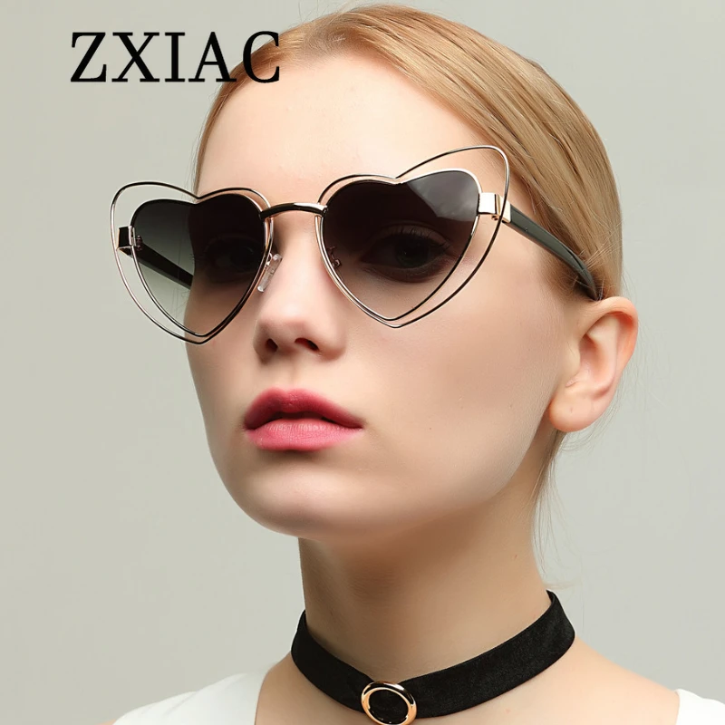 ZXIAC Fashion Love Shaped Frame Sunglasses Women Men Trend Double Peach Heart Metal  Sun Glasses Female Party Shades UV400 Music