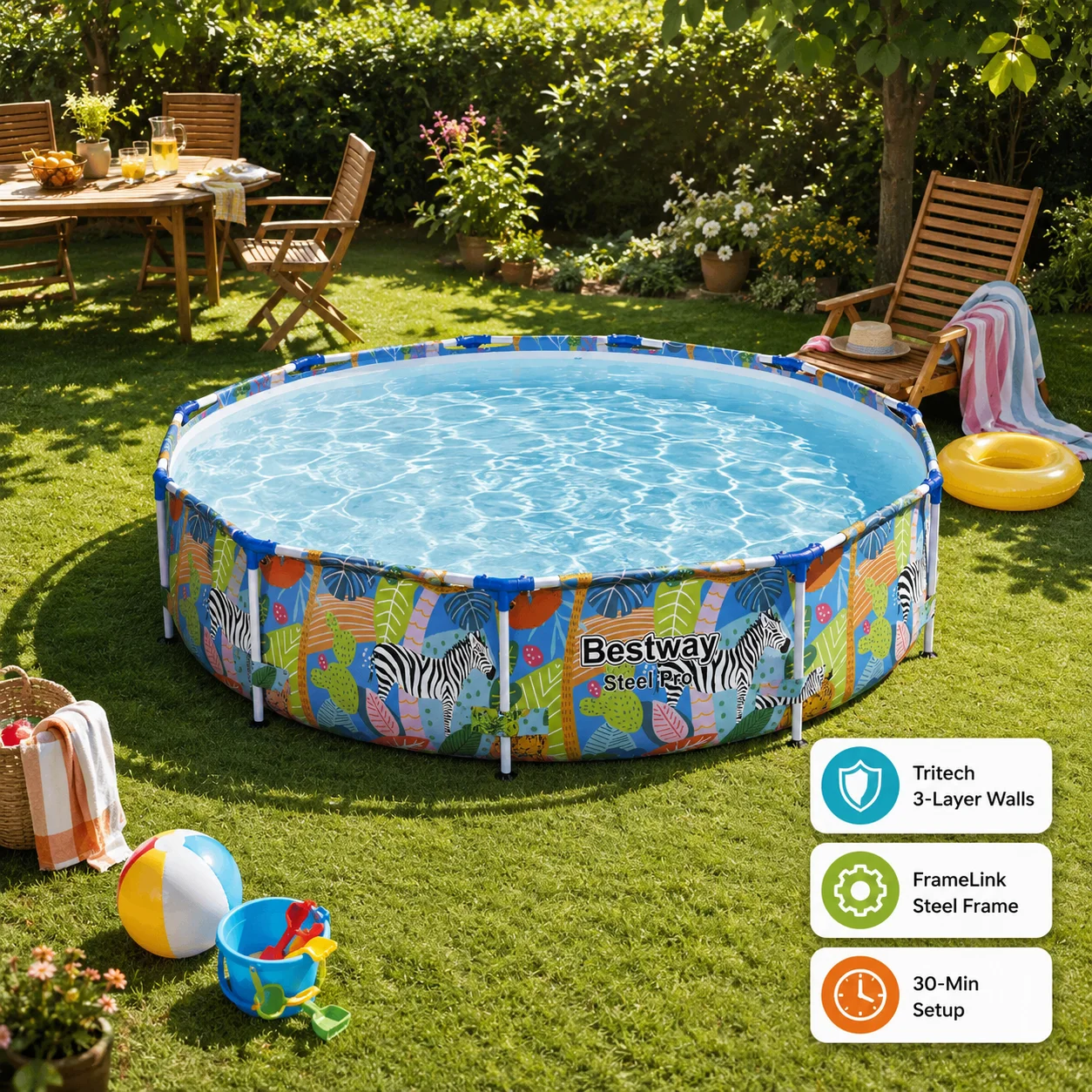 Steel Pro Frame Pool 305 x 66 cm, Runder Aufstellpool mit Tritech-Verstärkten Wänden, Langlebiges FrameLink-System, Familienpool für Garten und Hinterhof