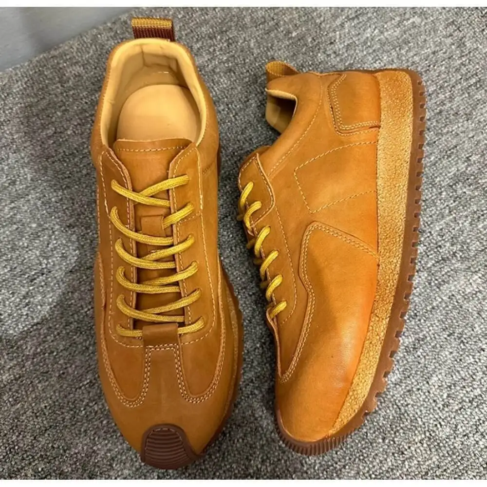 Vintage Caramel Leather Casual Men's Shoes, with hand-stitched details and lightweight non-slip sole,