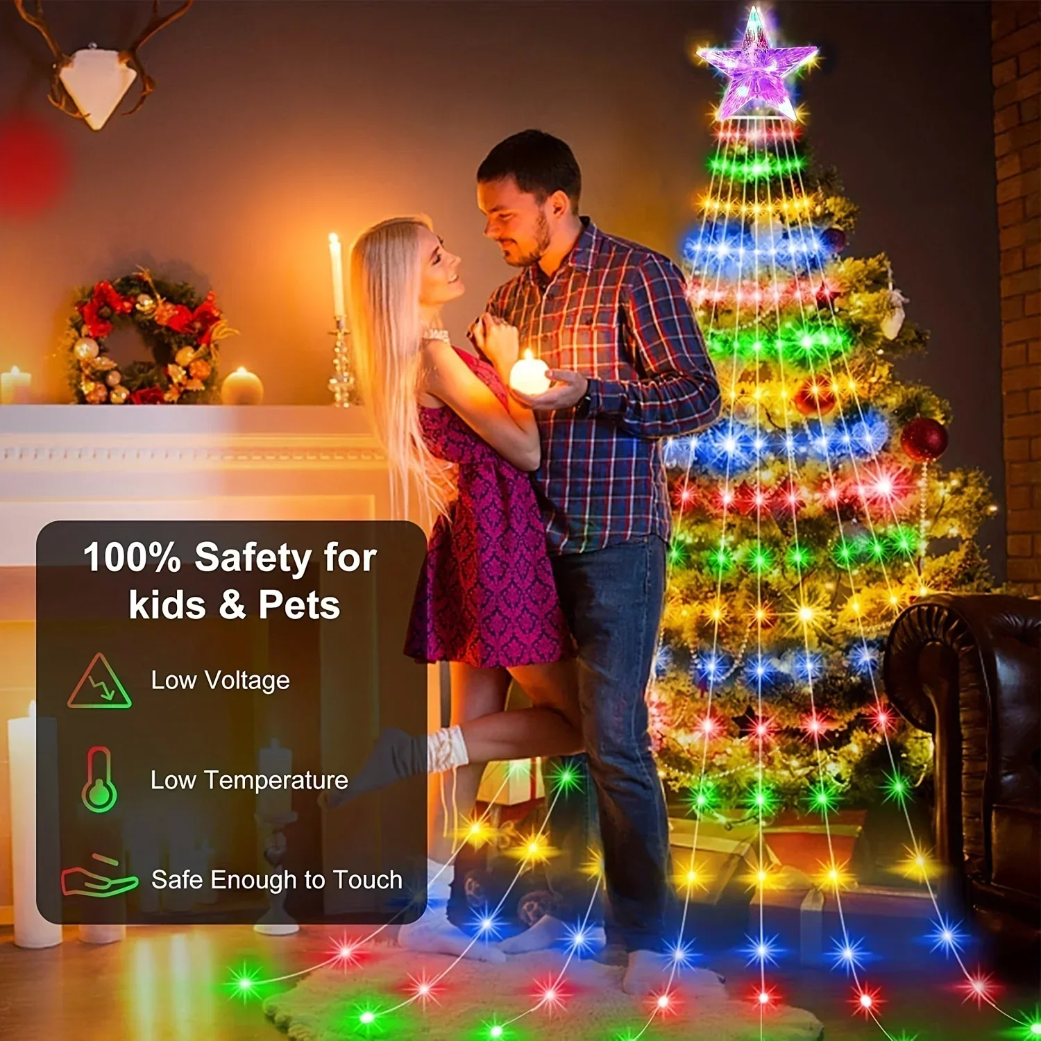 LED Waterfall String Lights USB, Star Topper Warm White Colorful, for Christmas Tree Eaves Garden Party Holiday Outdoor Decor
