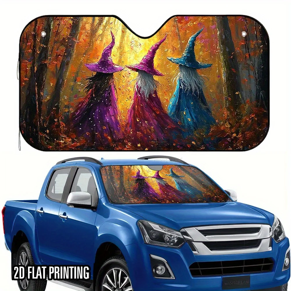 2D Flat, 1pc Halloween Witch Forest Print Car Sunshade - Stylish & Functional, Keeps Your Vehicle Cool, Includes 4 Free Suction
