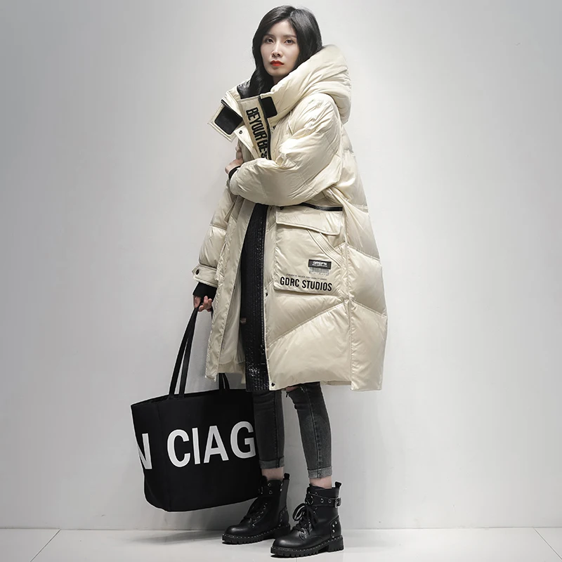 

Women 2024 Winter New Print Letter Glossy White Duck Down Jacket Thick Female Snow Parker Outwear Casual Female Long Down Coats