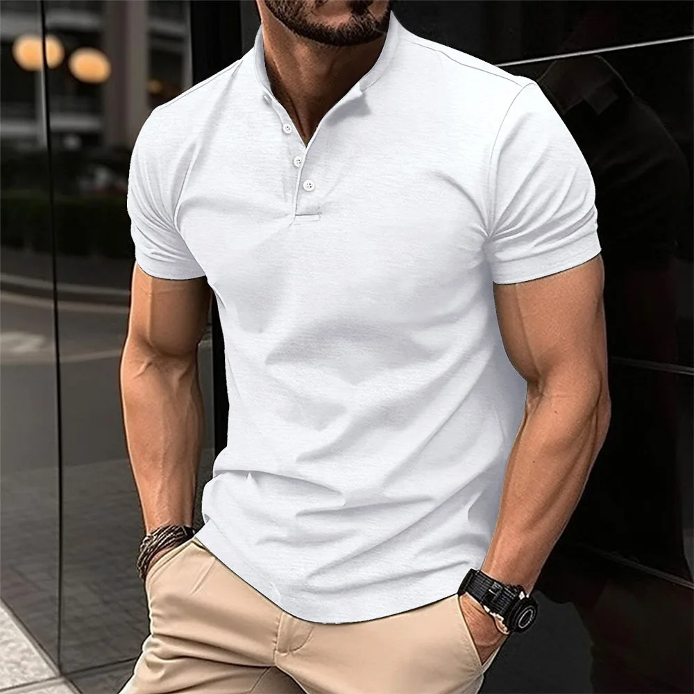 2024 Summer Henley collar men's T-shirt business casual button solid color sports men's short sleeved top