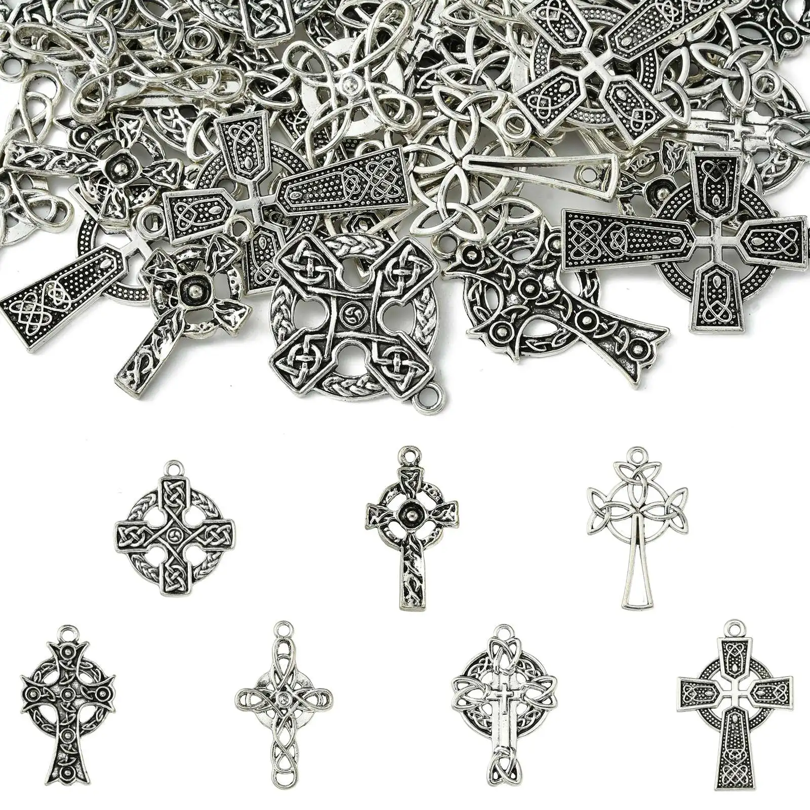 Pandahall 35Pcs 7 Styles Irish Charms Tibetan Cross Trinity Celtic Knot Charms for Necklace Earrings Jewelry Making