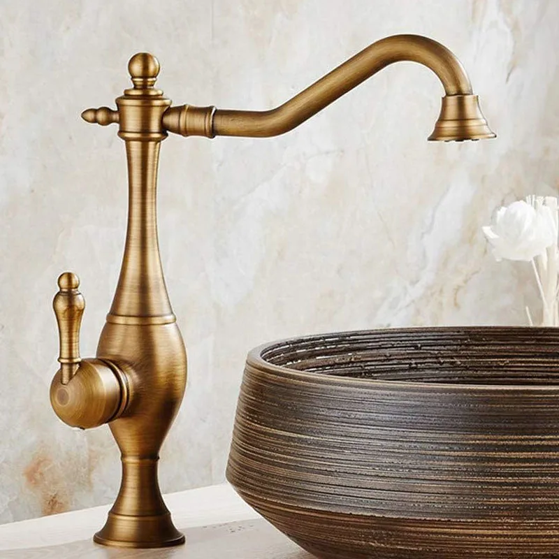 

Antique Brass Kitchen Faucet, Single Handle Deck Mount 360° Rotating Mixer Tap, Hot & Cold Water Basin Sink Crane