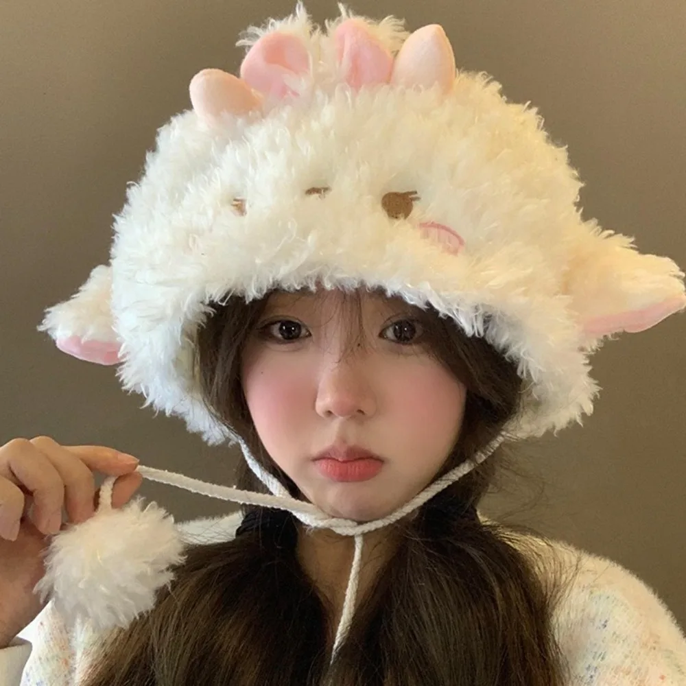 Ear Protection Soft Sheep Ear Bucket Hat Lolita Fluff Dome Hat Sweet Pink White Brimless Beanie Cap Winter