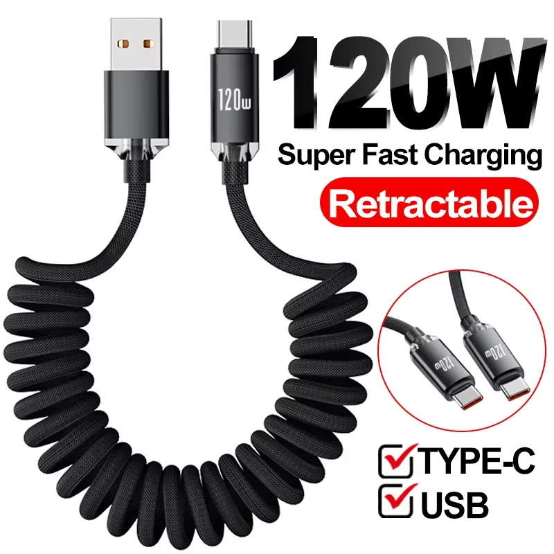 120W USB C to Type C Fast Charge Spring Cable Retractable Car Charger Data Cord for iPhone 17/16/15 Samsung Xiaomi Type C Phones