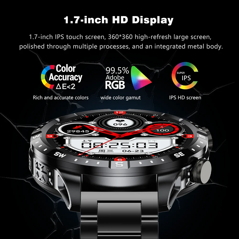 New men's smartwatch, 1.7-inch high-definition display, built-in compass, 1000mAh long-lasting battery, LED flashlight. Features