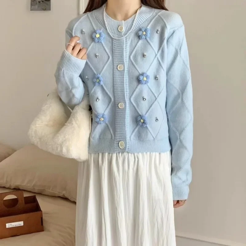 Retro Mori Sweet Sweater Women Fall Winter New Heavy Industry Beads Hand-embroidered Single-breasted Soft Waxy Knitted Cardigan