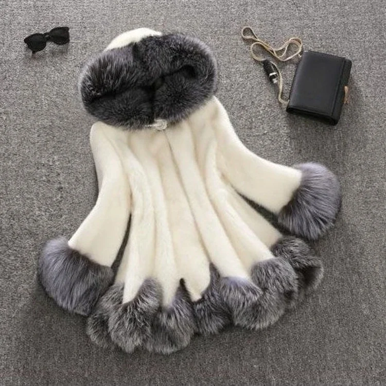 European American New Fashion Women's Color-coded Elegant Casual Trendy Simple Basic Daily Hooded Faux Fur Coats Female Clothes