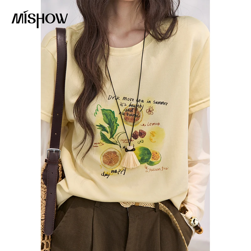 MISHOW Women's Mesh Splice Fake Two Piece Long Sleeve T-Shirt 2026 Summer Lemon Fruit Print Tee Loose Slim Casual Top MXF28T1696