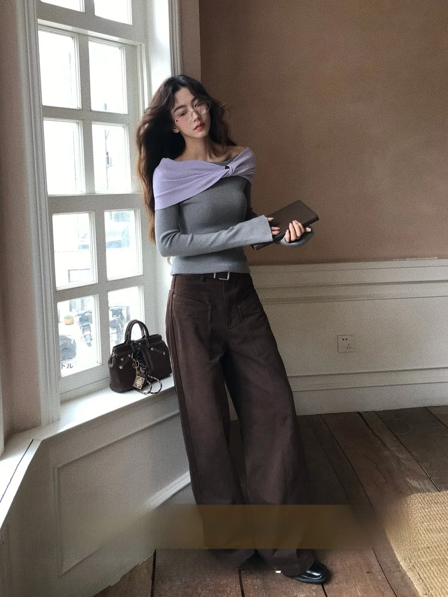 

High Waist Straight Leg Wide Leg Jeans Women's Brown Slimming Pants Winter Cotton Retro Style Casual Trousers for Ladies