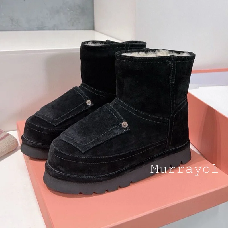 Wool Llining Warmth Pocket Decor Short Botas Women Round Toe Cow Suede Thick Bottom Snow Boots Winter Non-slip Ankle Boots