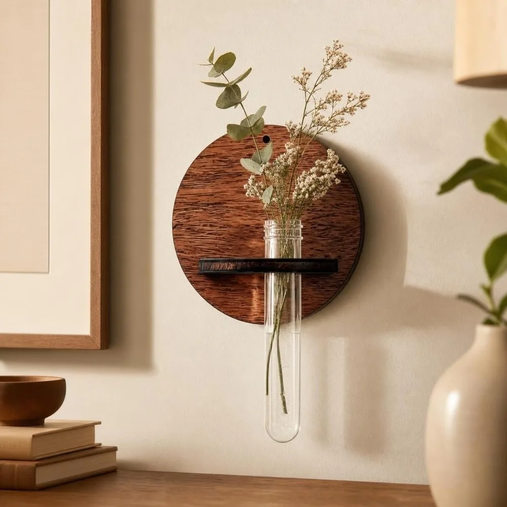 Minimalist Wooden Hydroponic Planter Shelf Vase Retro Wall Mounted Planter Round Home Ornaments Planter Holder Indoor Garden