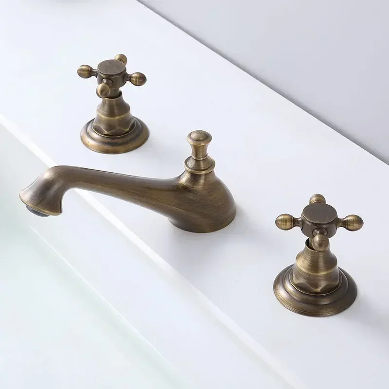 European retro three-hole faucet bathroom cabinet full copper household bathroom split antique faucet FT2402