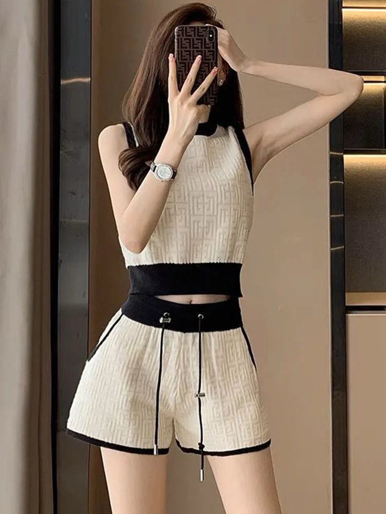 Summer Knitted 2 Pieces Sets Women O-neck Sleeveless Short Knitwear Pullover Tops Conjuntos Korean High Waist Shorts Tracksuit