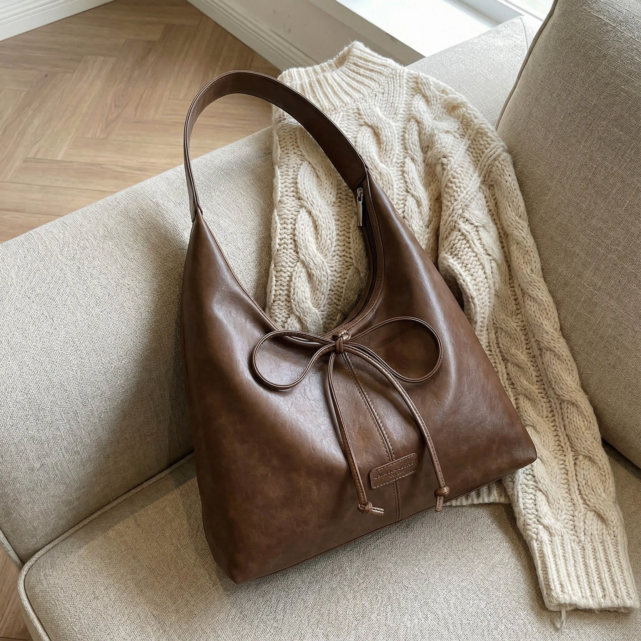 Women's Soft Leather Hobo Tote Bag Bowknot Drawstring Closure Large Capacity Casual Daily Shoulder Bag 2026 New Trend Handbags