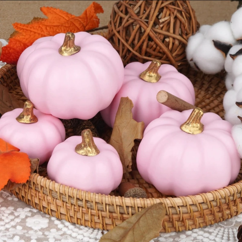 

6PCS Pink Artificial Simulation Pumpkins 2025 Fall Halloween Thanksgiving Home Decoration Holiday Party Decorations