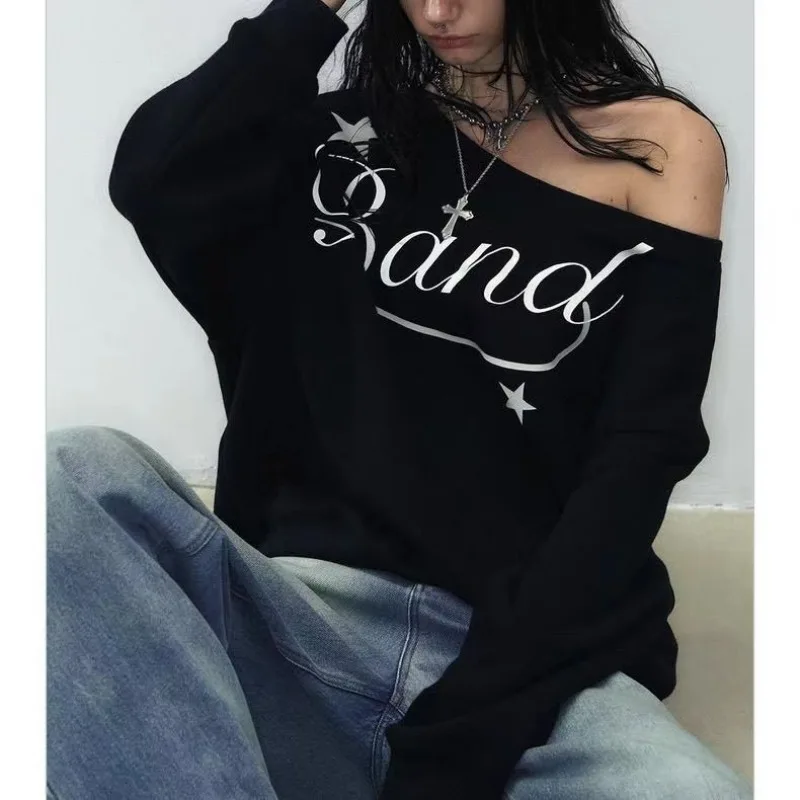 

Deeptown Black Off Shoulder Sweatshirts Women Vintage Y2k Letter Printed Pullovers Casual Oversized Korean Style Streetwear