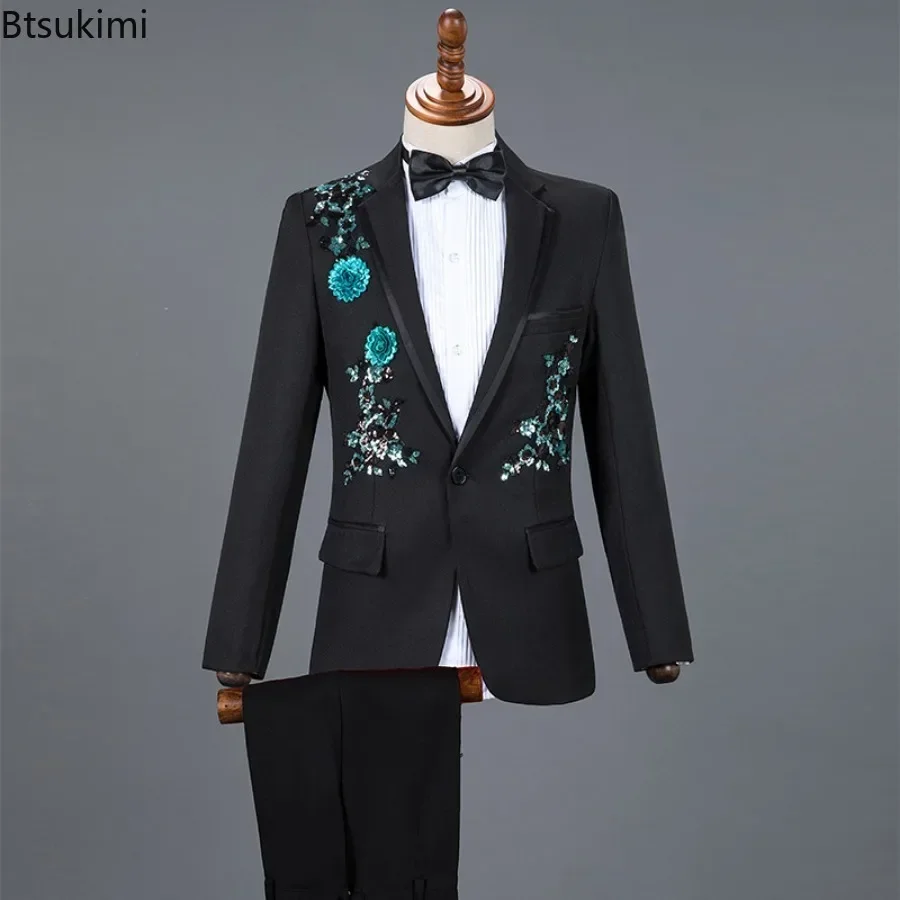 2025 Fashion Sequin Embroidery Suit Men Wedding Groom Tuxedo Suits and Pants 2PCS Sets New Men Single Button Lapel Stage Costume