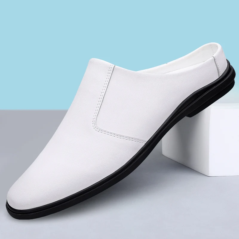 Summer Closed Toe Sandals Mules Men Half Shoes For Man Leather Mens Semi-Drag Casual Shoes Backless Loafers Slippers Male Slides
