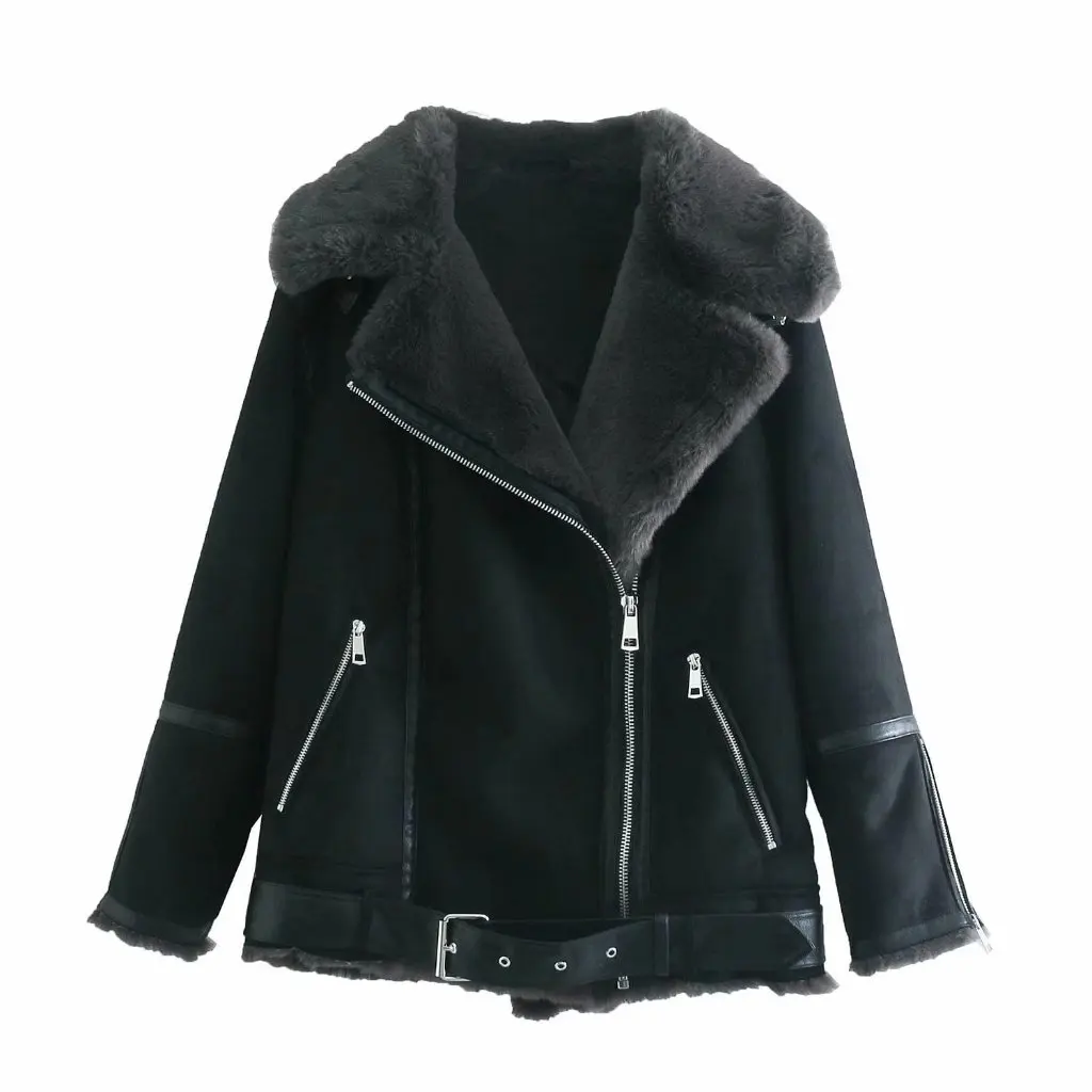 Women's Thickened Fur Jacket Autumn Winter European American Style Lapel Motorcycle Zipper Leather Coat for Ladies