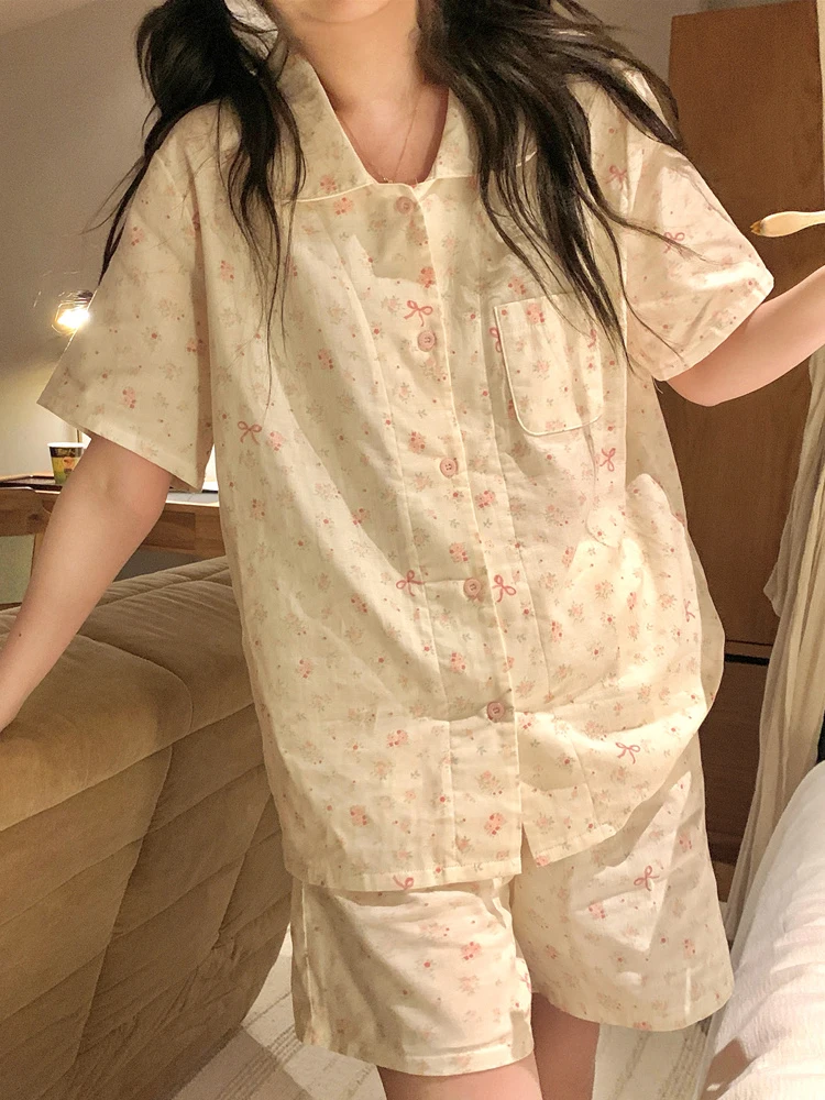 ピンクの花柄半袖パジャマ女性用スタイル夏-2026-新しい純綿ドールカラー甘いエレガントなホーム服セット