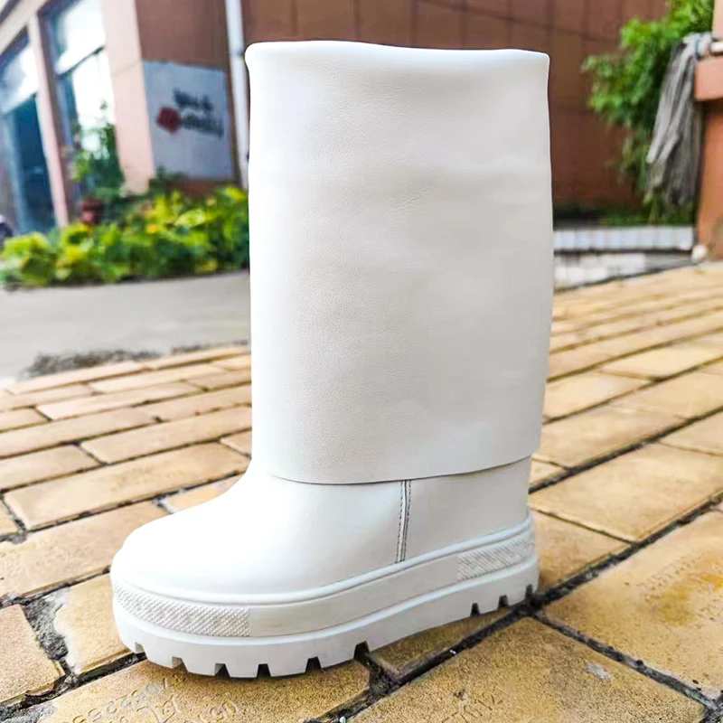 Fashion White Thick platform Height Increased Mid-Calf Boots Women Cow leather Inner Hidden Wedge foldover Slip on Knee Botas