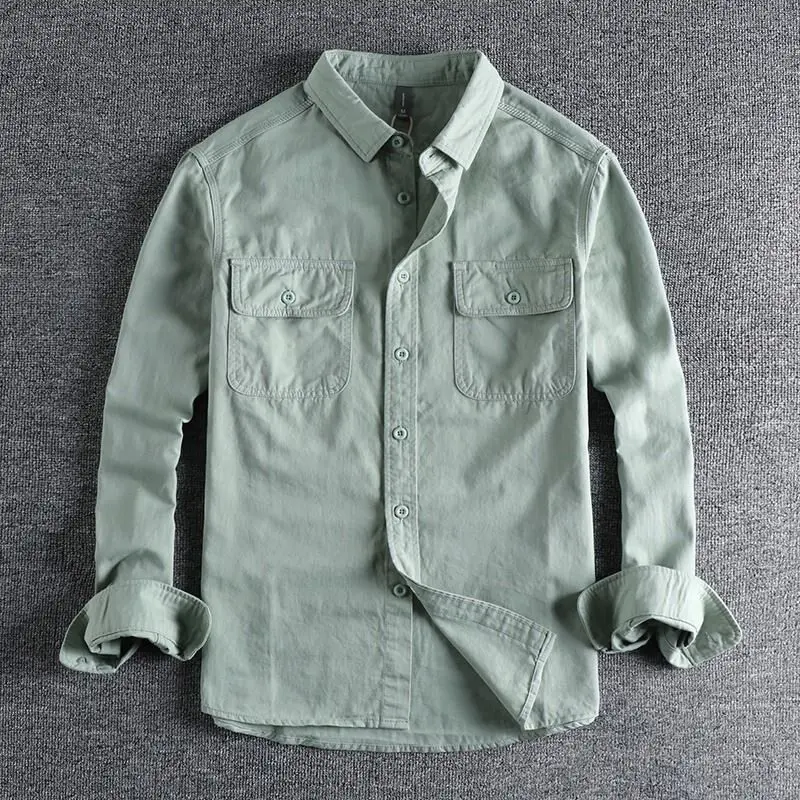 Fashionable Long Sleeve Work Shirt for Men Anti-Scald Wear Resistant City Walk PU Leather Cotton Blend Double Pocket Jacket