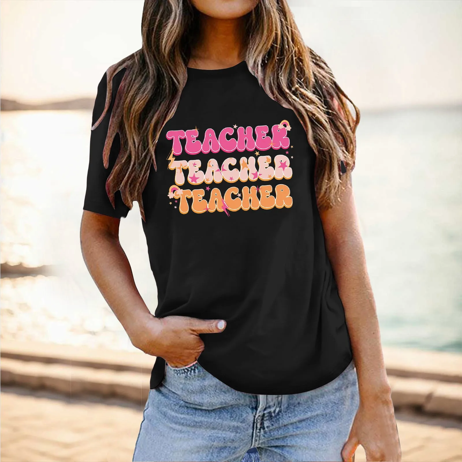 

School Season Teacher's Day Women's Casual Versatile Letter Printed T Shirt Women